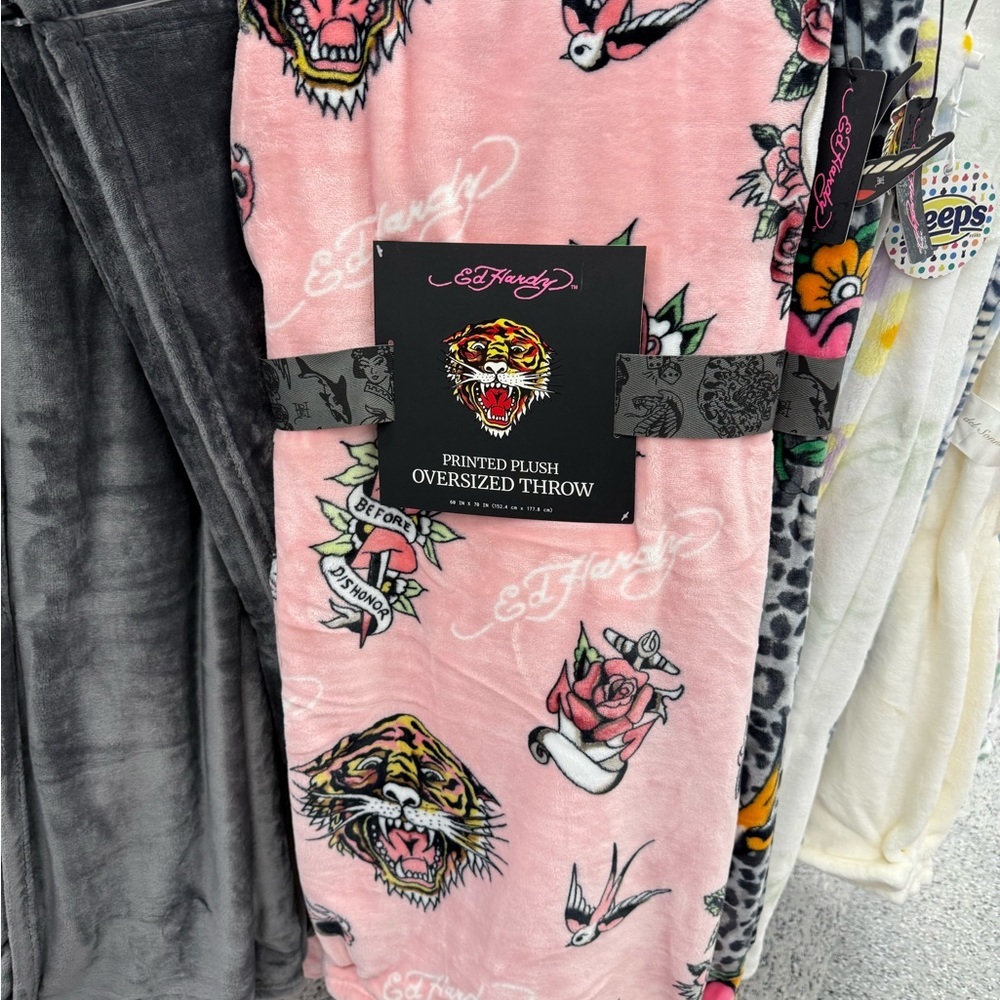Ed Hardy Pink Tattoo-Print Plush Oversized Throw